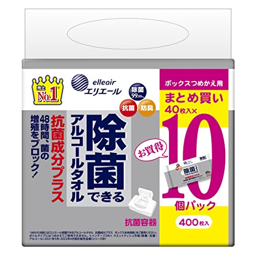 詰替40枚×10パック白/40シート (x 10)/-・Size:40シート (x 10)Style:詰替40枚×10パック・パッケージ個数:1・当社独自のトリプル処方。「除菌」「抗菌」「防臭」機能付き・抗菌成分として自然由来のグレープフルーツ種子抽出エキスとユーカリ葉エキスを配合・48時間菌の増殖を防ぎ、ニオイの元になる汚れを除去します・経済的なつめかえ用・衛生面が気になる身のまわりの抗菌に商品紹介 48時間、菌の増殖をブロック! エリエール 除菌できるアルコールタオル 抗菌成分プラス ボックスつめかえ用 片手で使いやすいボックスタイプのつめかえ用です。 当社独自のトリプル処方。「除菌」「抗菌」「防臭」機能付き。 除菌だけでなく、抗菌もしたいときにお使いください。 原材料・成分 ビスコースレーヨン、エタノール