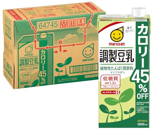 -/1リットル (x 6)/-・FlavorName:豆乳Size:1リットル (x 6)・パッケージ個数:1・容器の種類: 紙パック・内容量:1000ml×6本・商品サイズ(幅×奥行×高さ):287×128×205mm・原産国:日本・大豆固形分:6%以上商品紹介 標準的な調製豆乳に比べカロリーを45%オフにしました。 お徳用ファミリーサイズ。 炭水化物以外の栄養素はしっかり摂取できる「調製豆乳」の規格です。 美容を気にする方に飲んでいただきたい豆乳です。 保存方法: 直射日光や高温多湿をさけて保存してください。 大豆固形分: 6%以上 原材料 :大豆(カナダ)(遺伝子組換えでない)、食塩/乳酸カルシウム、香料、甘味料(アセスルファムカリウム、スクラロース) 栄養成分(100ml当たり): エネルギー 35kcal たんぱく質 2.9g 脂質 2.1g 飽和脂肪酸 0.3g コレステロール 0mg 炭水化物 1.2g 糖質 1.2g 食物繊維 0g 食塩相当量 0.2g 亜鉛 0.3mg カリウム 129mg カルシウム 38mg 鉄 0.4mg マグネシウム 16mg イソフラボン 29mg 原材料・成分 大豆(カナダ)(遺伝子組み換えでない)、食塩、乳酸カルシウム 安全警告 ●開封後は賞味期限内にかかわらず、冷蔵庫(10度以下)に保存し、2-3日を目安にお飲みください。　●注ぎ終わったら放置せず、すぐに冷蔵庫(10度以下)に保存ください。　●大豆の成分がわずかに沈澱、または脂肪分が上面に浮く場合がありますが品質には変わりありません。　●凍らせないでください。内容物が分離し本来の風味を損ないます。　●温める時は別容器に移してご使用ください。　●キャップの開閉時、液が飛散する場合がありますのでご注意ください。*大豆アレルギー体質の方は、摂取を控えてください。他の大豆食品によりアレルギー症状がでない方でも、ごくまれにアレルギー発症例がありますので、初めて飲用の場合は、ごく少量でのご試飲をおすすめします。