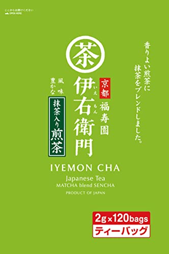 green/2グラム (x 120)/-・FlavorName:抹茶入り煎茶Size:2グラム (x 120)・パッケージ個数:1・原材料:緑茶・商品サイズ(高さx奥行x幅):430mmx280mmx80mm・原産国:日本・内容量:2g×120P・包装形態:アルミ個包装商品紹介 香り良い煎茶に抹茶をたっぷりとブレンドしていますので、みどり鮮やかな色と味わいをお楽しみ頂けます。 渋味の少ないまろやかな味と色あいを楽しみながら、どなた様にもお手軽に美味しく飲んでいただける煎茶です。 皆様で楽しんでいただける大容量タイプです。 「伊右衛門」は「福寿園」の創業者にちなんで名づけました。その伝統の心を大切にし、常に新しい技術を加えた茶作りに専念しております。・原材料・成分 緑茶 使用方法 茶バッグをカップに入れ、お湯を注いで、数分間おきます。茶バッグを取り出してから飲んでください。 安全警告 この商品は、お湯に入れて数分間おき、茶バッグを取り出してから飲んでください。子供や高齢者の方は、注意してください。