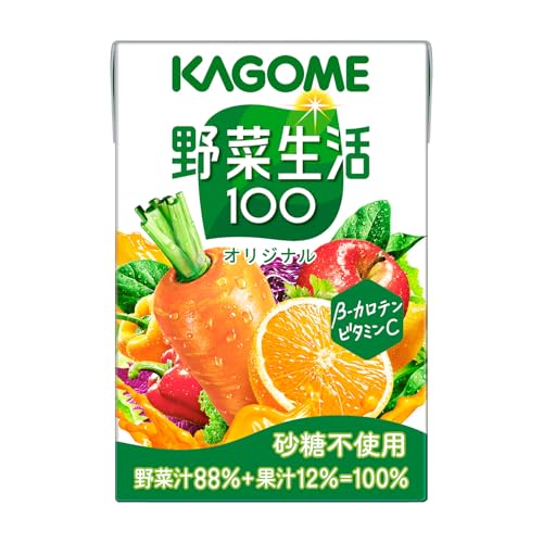 -/100ml紙パック×30本/-・Size:100ml紙パック×30本・野菜・果実ミックスジュース・原材料: 野菜（にんじん（輸入、国産）、小松菜、ケール、ブロッコリー、ピーマン、ほうれん草、アスパラガス、赤じそ、だいこん、はくさい、セロリ、メキャベツ（プチヴェール）、紫キャベツ、ビート、たまねぎ、レタス、キャベツ、パセリ、クレソン、かぼちゃ）、果実（りんご、オレンジ、レモン）／クエン酸、香料、ビタミンC・ブラント名: 野菜生活・メーカー名: カゴメ・商品の重量: 3380 g商品紹介 カゴメ 野菜生活100　オリジナル100mlは、「野菜生活100」オリジナルは、20種類の野菜と3種類の果実を使用した野菜果実ミックスジュースです。野菜汁70％＋果汁30％＝100％。野菜比率70％でありながらフルーティーなおいしさを実現。β−カロテンの高いにんじん汁を厳選。にんじんの青臭い香りをカットし、にんじん汁のコクと甘みで家族みんながおいしく手軽に野菜を補えます。 原材料・成分 野菜（にんじん（輸入、国産）、小松菜、ケール、ブロッコリー、ピーマン、ほうれん草、アスパラガス、赤じそ、だいこん、はくさい、セロリ、メキャベツ（プチヴェール）、紫キャベツ、ビート、たまねぎ、レタス、キャベツ、パセリ、クレソン、かぼちゃ）、果実（りんご、オレンジ、レモン）／クエン酸、香料、ビタミンC 安全警告 開封後は冷蔵庫で保存し、できるだけ早く飲み切ること