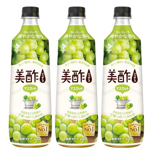 -/800ミリリットル/-・FlavorName:マスカット3本・パッケージ個数:3・名称：美酢（ミチョ）マスカット800mL、原材料及びアレルゲン表示：フラクトオリゴ糖、果実酢（りんご果汁、ぶどう果汁）、ぶどう濃縮果汁、麦芽糖 ／酸味料、香料、甘味料（ステビア抽出物）、（一部にりんごを含む）、アレルギー情報：りんご、栄養成分表示(コップ1杯分50ml当り) (200ml／1杯、4倍希釈時) エネルギー74kcal たんぱく質0.1g 脂質0g 炭水化物18.5g 食塩相当量0.01g