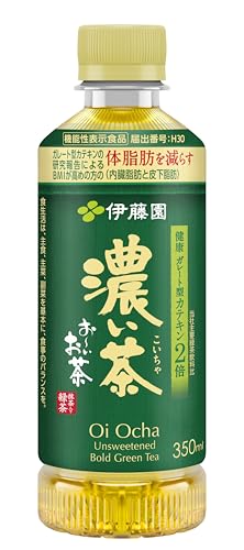-/350ミリリットル (x 24)/-・Size:350ミリリットル (x 24)・内容量:350ml×24本・容器:ペットボトル・原材料:緑茶(日本)、抹茶(日本)/ビタミンC・栄養成分(1日1200ml当たり):エネルギー 0kcal、たんぱく質 0g、脂質 0g、炭水化物 0g (糖類 0g)、食塩相当量 0.2g、機能性関与成分 ガレート型カテキン 340mg、カテキン 960mg・アレルゲン:無し商品紹介 緑茶のガレート型カテキンが「BMIが高めの方の体脂肪を減らす」。機能性表示食品の緑茶飲料。 ●濃い茶専用にブレンドした国産茶葉に抹茶を加えた、濃いめのお茶。(国産茶葉100%) ●茶カテキン 960mg含有。(1日摂取目安量1 200mlあたり) その内、機能性関与成分のガレート型カテキン 340mg含有。伊藤園主要緑茶飲料比 2倍! ●「お~いお茶 濃い茶シリーズ」は、キレと渋みのある美味しさそのまま、2019年に機能性表示食品として届出た商品です。 手軽にできる毎日の健康習慣に。シャキッとしたい朝や、気持ちを切替えたいときにも。 [機能性表示食品]食生活は、主食、主菜、副菜を基本に、食事のバランスを。 ●500mlより小さいサイズをお探しの方へ。ご家族でも、おひとりでも。備蓄・ストックにもオススメです。 ■機能性関与成分:ガレート型カテキン340mg/1 200mlあたり 【届出表示】本品にはガレート型カテキンが含まれます。ガレート型カテキンには、食事の脂肪の吸収を抑えて排出を増加させることにより、BMIが高めの方の体脂肪(内臓脂肪と皮下脂肪)を減らし、BMIを改善する機能があることが報告されています。 【一日摂取目安量】一日1200mlを目安に、食事と共にお飲みください。 【届出番号】H30 【摂取上の注意】 多量摂取により、より健康が増進されるものではありません。●本品は、事業者の責任において特定の保健の目的が期待できる旨を表示するものとして、消費者庁長官に届出されたものです。ただし、特定保健用食品と異なり、消費者庁長官による個別審査を受けたものではありません。●本品は、疾病の診断、治療、予防を目的としたものではありません。●本品は、疾病に罹患している者、未成年者、妊産婦(妊娠を計画している者を含む。)及び授乳婦を対象に開発された食品ではありません。●疾病に罹患している場合は医師に、医薬品を服用している場合は医師、薬剤師に相談してください。●体調に異変を感じた際は、速やかに摂取を中止し、医師に相談してください。 原材料・成分 緑茶(日本)、抹茶(日本)/ビタミンC