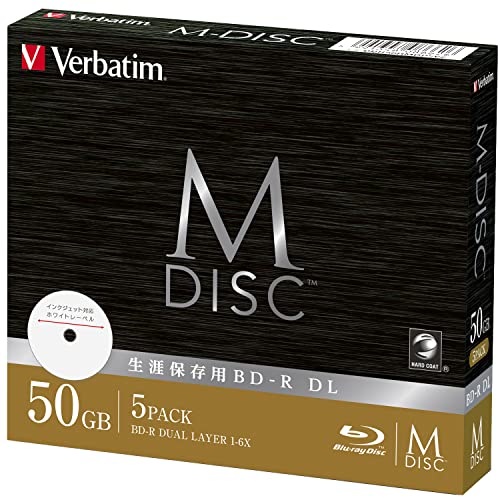 5枚ホワイト/50GB(DBR50Rシリーズ)/DBR50RMDP5V2・Size:50GB(DBR50Rシリーズ)Style:5枚・パッケージ個数:1・M-DISC 長期保存 BD-R・100年以上データを保存できる超耐久ハイグレードディスク・独自のチタン層が湿度変化から記録層を保護し長期保存を実現・レコーダーでもパソコンでも使える（地上デジタル約360分、BSデジタル約260分、BS/CS 4K約180分の録画が可能）・1-6倍速記録に対応 / 印刷対応ホワイトディスク /■生涯保存用ディスク「M-DISC」 大切な記録を長く残すために耐久性にこだわったBD-R 生涯保存用ディスク「M-DISC」は、高硬度チタンを採用し、一般的なブルーレイディスクよりも、光・熱・湿度などによる経年劣化に強く、生涯保存・100年以上（※1）データを保存することができる耐久性に優れたハイグレードディスクです。 思い出の写真や映像、趣味のデータ、またはビジネスデータの保存に最適です。 ※1 国際基準規格 ISO／IEC 16963の測定基準に基づく。 ※ M-DISCロゴが付いているドライブでご使用ください。長期保存には、6倍速または4倍速による記録を推奨します。記録したディスクは既存のドライブでも再生が可能です。 ■高硬度チタン採用・強靭構造で優れた耐久性 高強度・高耐久を実現する「チタン」層を追加。 　チタン層が、ディスクへの水分侵入を強力に防ぎ、熱や湿度変化から記録層を保護し、高精度記録・長期保存を実現します。 　独自開発のハードコートでキズ・ホコリに強く指紋もキレイに拭き取れます。 ■対応インクジェットプリンタでレーベル印刷可能 ディスクの内径部までインクジェットプリンタ対応なので、オリジナルのディスクが創れます。 ■パソコンでもレコーダーでも使える 地上デジタルで約360分、BSデジタルで約260分、BS/CS 4Kで約180分の録画が可能です。 事業者：VerbatimJapan株式会社　　サポート：Verbatim　アイ・オー・データ機器