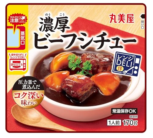 FlavorName:ビーフシチュー×6個・原材料：牛肉（オーストラリア産）、じゃがいも、エキス（ポーク、オニオン、酵母）、ビーフエキス調味料、砂糖、牛脂、トマトペースト、ソテーキャロット、たん白加水分解物、ワイン、ウスターソース、小麦粉ルウ、にんにくペースト、食塩、香辛料／増粘剤（加工でん粉）、カラメル色素、調味料（アミノ酸等）、pH調整剤、（一部に小麦・牛肉・大豆・豚肉・りんごを含む）・商品サイズ(高さx奥行x幅):15cm×12.5cm×16cm商品紹介 ・袋ごとレンジで加熱するだけで定番のおかずが楽しめる、「レンジ対応パウチ」商品です。 ・常温で長期保存可能なので、冷蔵庫の場所を取らず、買い置きにも便利です。 ・具材には「牛肉」「じゃがいも」入り。 ・牛の旨味を効かせたソースを圧力釜で煮込みました。 ・トマトペーストに、赤ワイン、ウスターソースを加え、コク深い味わいに仕上げました。 原材料・成分 牛肉（オーストラリア産）、じゃがいも、エキス（ポーク、オニオン、酵母）、ビーフエキス調味料、砂糖、牛脂、トマトペースト、ソテーキャロット、たん白加水分解物、ワイン、ウスターソース、小麦粉ルウ、にんにくペースト、食塩、香辛料／増粘剤（加工でん粉）、カラメル色素、調味料（アミノ酸等）、pH調整剤、（一部に小麦・牛肉・大豆・豚肉・りんごを含む）