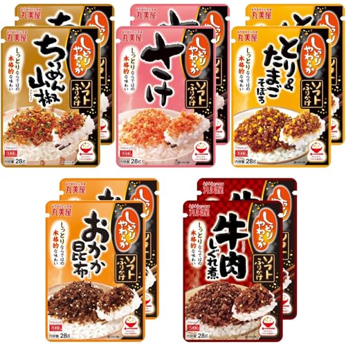 原材料:『ソフトふりかけ　ちりめん山椒』：ちりめん（国内製造）、醤油、いりごま、大根菜、香味油、麦芽糖、食塩、山椒／トレハロース、調味料（アミノ酸等）、ソルビット、セルロース、pH調整剤、カロチノイド色素、酸化防止剤（ビタミンE）、（一部に小麦・ごま・大豆を含む）｜・商品サイズ(高さ×奥行×幅):17.0cm×12.0cm×12.3cm商品紹介 ・大釜で丁寧に炊き上げた、「しっとりやわらか」な食感が特徴のふりかけです。 ・ドライタイプでは難しい「素材本来の風味」や「手作りのような味わい」を楽しめる、本格的な味わいです。 ・ 「しっとりやわらか」だから、どんなごはんにもよくなじみ、一体感のあるおいしさを楽しめます。 ・しっかりした味付けなので、調味料要らずの手軽なおかず作りにも活躍します。 ・保存に便利なチャック付き。 ・人気の5種類の味を各2袋ずつ詰め合わせたアソートセットです。 　「ちりめん山椒」：醤油で煮込んだソフトなちりめんに、大根若菜を合わせ、山椒をピリッと効かせました。煮込んだ佃煮の様な本格的な味わい。 　「さけ」：鮭のジューシーな旨味やコクを味わえる一品です。ふわっとやわらかい口当たりで、ごはんによく合います。 　「とり＆たまごそぼろ」：生姜醤油で煮込んだやわらかな鶏そぼろに、ふっくらたまごそぼろを合わせました。とりそぼろの風味が感じられるごはんがすすむ味わい。 　「おかか昆布」：おかかと刻み昆布に白煎り胡麻を組み合わせました。おかかと昆布のバランスを追求し、素材の旨味と香りが引き立つ味わいに仕上げました。 　「牛肉しぐれ煮」：生姜醤油で煮込んだ牛肉に、千切り生姜と白胡麻を合わせました。牛肉しぐれ煮の味わいを手軽に楽しめます。 原材料・成分 『ソフトふりかけ　ちりめん山椒』：ちりめん（国内製造）、醤油、いりごま、大根菜、香味油、麦芽糖、食塩、山椒／トレハロース、調味料（アミノ酸等）、ソルビット、セルロース、pH調整剤、カロチノイド色素、酸化防止剤（ビタミンE）、（一部に小麦・ごま・大豆を含む）｜ 『ソフトふりかけ　さけ』：鮭（アメリカ産）、なたね油、大豆加工品、鮭エキス、いりごま、食塩、酵母エキスパウダー、香味油／ソルビット、調味料（アミノ酸）、トレハロース、着色料（紅麹、カロチノイド）、酸化防止剤（ビタミンE）、（一部にごま・さけ・大豆を含む）｜ 『ソフトふりかけ　とり＆たまご』：醤油（国内製造）、植物性たん白、植物油脂、鶏卵加工品、いりごま、鶏肉、砂糖、香味油、デキストリン、エキス（鰹節、酵母、チキン）、食塩、鶏肉粉末、でん粉、鶏脂、還元水あめ、香辛料、玉ねぎ粉末／ソルビット、調味料（アミノ酸等）、トレハロース、セルロース、加工でん粉、着色料（カラメル、カロチノイド）、膨張剤、酸化防止剤（ローズマリー抽出物、ビタミンE）、（一部に卵・小麦・ごま・大豆・鶏肉を含む）｜ 『ソフトふりかけ　おかか昆布』：醤油（国内製造）、鰹削り節、鰹、いりごま、大豆加工品、エキス（鰹節、酵母）、食物繊維、砂糖、食塩、昆布、ぶどう糖果糖液糖、還元水あめ、デキストリン、醸造酢／ソルビット、調味料（アミノ酸等）、トレハロース、着色料（カラメル、紅麹）、（一部に小麦・ごま・大豆を含む）｜ 『ソフトふりかけ　牛肉しぐれ煮』：醤油（国内製造）、植物性たん白、生姜、ビーフオイル、いりごま、牛脂、植物油脂、牛肉、卵白粉末、食塩、みりん風調味料、エキス（ポーク、酵母、ビーフ）、砂糖、発酵調味料、香辛料、デキストリン、玉ねぎ粉末、ぶどう糖、でん粉、水あめ／ソルビット、調味料（アミノ酸等）、トレハロース、セルロース、カラメル色素、膨張剤、酸化防止剤（ローズマリー抽出物）、酸味料、香料、（一部に卵・小麦・牛肉・ごま・大豆・豚肉を含む）