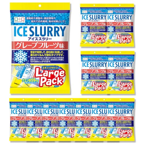 -/450g×12袋(約240個入)/-・Size:450g×12袋(約240個入)・パッケージ個数:12・【原材料名】果糖ぶどう糖液糖（国内製造）、食塩 / トレハロース、増粘剤（増粘多糖類）、酸味料、pH調整剤、クエン酸K、香料、乳酸Ca、炭酸Mg・【栄養成分】（個包装1個 22g あたり）エネルギー:24Kcal、たんぱく質：0.0g、脂質：0.0g、炭水化物：6.1g（糖質：6.0g、食物繊維：0.1g）、食塩相当量：0.02g、カリウム：7mg、カルシウム：1.3mg、マグネシウム：0.2mg、クエン酸：59mg・【内容量】450g（約20個）　×12袋・【賞味期限】製造日より1年・【保存方法】直射日光、高温の場所を避けて保存してください暑さが厳しい夏の熱中症対策にぴったりの「アイススラリー グレープフルーツ味」が登場。こちらは12袋450g（約20個）入りのラージパック。アイススラリーは、細かい氷の粒が液体に分散したシャーベット状飲料で、凍らせて飲むことで、体の内側から効率よくクールダウンできます。暑い屋外・作業中でもサッと飲むことができるスティックタイプで、常温保存が可能なため、倉庫やロッカーなどにストックも可能です。
