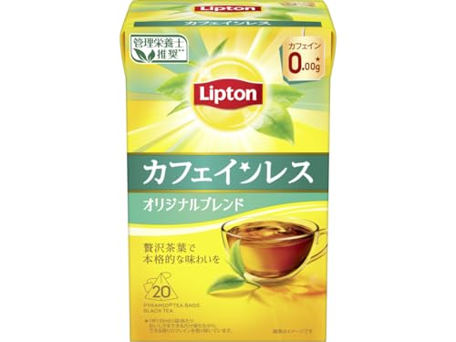 -/20袋 (x 6)/-・FlavorName:カフェインレスSize:20袋 (x 6)・パッケージ個数:6・原材料:原材料名:紅茶/香料・商品サイズ(高さx奥行x幅):14cm×38cm×9cm・原産国:スリランカ商品紹介 ~Lipton(リプトン) カフェインレスティー~ カフェイン0.00g(*)、なのにおいしい。(*)1杯150mL(ティーバッグ1袋)あたり 摘みたて茶葉のような爽やかな瑞々しい香りと程良い渋みとコクがある、紅茶本来の味わい。 厳選された香り豊かな高地産ディンブラ(スリランカ)の茶葉を贅沢に100%使用。 高地産ならではの香り豊かでバランスが取れた味わいが特徴。 おやすみ前はもちろん、お食事など、どんなシーンでも合う飲みやすい味わい 地球環境保護と茶園で働く人々の生活・労働環境向上に貢献するため、本製品は、レインフォレスト・アライアンス認証茶園で栽培した茶葉を100%使用。 ★おいしさをできるだけ保ちながら、できる限りカフェインを取り除いています。安心してお召し上がりいただけます。 栄養成分表示【1杯150mL(ティーバッグ1袋)あたり】:熱量0kcal、たんぱく質0g、脂質0g、炭水化物0g、食塩相当量0g、カフェイン0.00g 原材料・成分 原材料名:紅茶/香料 使用方法 1袋あたり150ml(1杯)のお湯に入れ、3-5分おきます。お茶を飲み終えたら、ティーバッグを取り出してください。 ご注意（免責）＞必ずお読みください 使用上の注意:熱湯の取り扱いには十分ご注意ください。持ち手と糸を接着剤など使わず超音波でティーバッグに融着。外してご使用ください。*ティーバッグの中の粒は香料です。