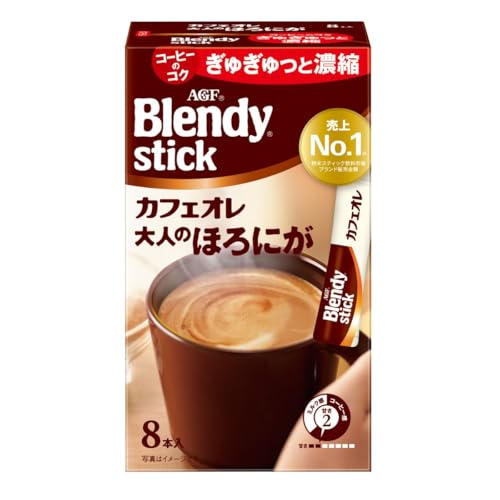 小容量シリーズ-/8本×6箱/-・Size:8本×6箱・パッケージ個数:6・メーカー名:AGF・ブランド名:ブレンディ スティック・商品タイプ:スティックコーヒー(ミルク入り)・原産国:日本・原材料:クリーミングパウダー(乳成分を含む)(国内製造)、インスタントコーヒー、砂糖、食塩 / pH調整剤、乳たん白、香料(乳由来)、乳化剤、甘味料(アスパルテーム・L-フェニルアラニン化合物、アセスルファムK)、微粒酸化ケイ素、調味料(アミノ酸等)「カフェオレは、得意なんです。ブレンディ。」でおなじみの「Blendy(ブレンディ)」 スティックは、クリーミー&スイートな味わいがスティック1本で手軽にマグカップサイズで楽しめる人気のインスタント スティックシリーズです。 AGF(エージーエフ) 「ブレンディ スティック」 カフェオレ 大人のほろにが8本は、厳選された深煎り豆のコーヒーを使用した、ビタータイプのカフェオレです。1杯1杯がいつも新鮮な個包装スティックタイプ。 カフェオレ大人のほろにが専用のコーヒー、ミルク、砂糖のベストバランスを考えて特殊なミキサーで混合。いつでも変わらないおいしさを実現したスティックコーヒーです。甘さレベル2(AGF ブレンディ スティック カフェオレ比較) 通常のインスタントコーヒーで作るカフェオレとの違いとご体験ください。 スティック1本にいつもの半分のお湯と氷を入れれば、簡単にアイスカフェオレもお楽しみいただけます。