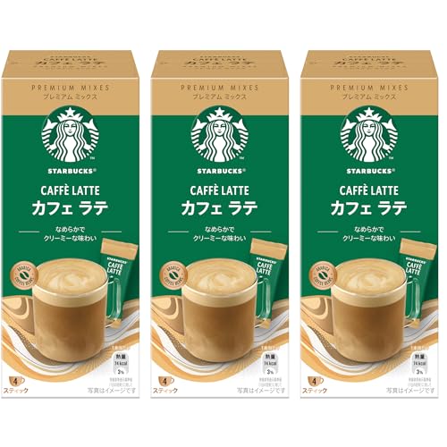 -/4個 (x 3)/-・パッケージ個数:3・原材料:加工粉乳(生乳、脱脂粉乳、バターオイル)、コーヒー、脱脂粉乳、デキストリン、砂糖、乳糖、植物油脂/カゼインNa・商品サイズ(高さx奥行x幅):15cm×7cm×21cm・原産国:日本商品紹介 スターバックスのラテ系メニューをご自宅で簡単に楽しめるプレミアムミックスシリーズです。 厳選した100%アラビカ豆のコーヒーと全脂粉乳を使用し、ミルクリッチな味わいを実現。 なめらかでクリーミーな味わいが特長のカフェラテ。 お湯を注ぐだけでやわらかな泡のミルキーなラテが楽しめるスティックタイプ。 ご注意（免責）＞必ずお読みください 直射日光、高温多湿を避け、常温で保存してください。