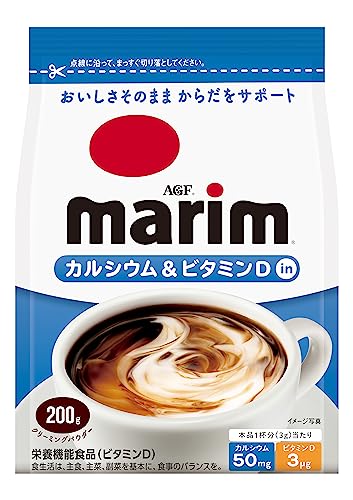-/200グラム (x 12)/-・PatternName:ケース(12袋)・パッケージ個数:12・メーカー名：AGF・ブランド名:マリーム・商品タイプ:クリーミングパウダー・原産国:日本・原材料:水あめ(国内製造)、植物油脂、食塩、乳等を主要原料とする食品 / 炭酸カルシウム、ph調整剤、乳たん白、乳化剤、微粒酸化ケイ素、香料(乳由来)、ビタミンD、カラメル色素「マリーム」なら、楽しく、まろやか、クリーミー。「Marim(マリーム)」は、インスタントコーヒーやレギュラーコーヒー、紅茶などを引き立てる豊かなコクと、すっきりした後味がお楽しみいただけるコーヒーミルクです。 AGF(エージーエフ) 「マリーム」 カルシウム&ビタミンDイン袋200gは、いつものコーヒーにこれ1杯で体をサポートです。コーヒーを引き立てるまろやかな味わいそのままに、カルシウムとビタミンDを配合したクリーミングパウダーです。 クリップなどで閉じて袋のままでもお使いいただけます。