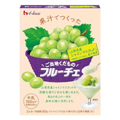 白/-/-・「山梨県産シャインマスカット」果汁で作った、芳醇な香りと甘みをお楽しみいただけるフルーチェです。※果肉は入っていません商品の売上の一部を産地応援活動に活用します。・栄養成分表示製品1人分（50g） エネルギー 43kcal たんぱく質 0g 脂質0g 炭水化物 11.0g 食塩相当量 0.22g商品紹介 「山梨県産シャインマスカット」果汁で作った、芳醇な香りと甘みをお楽しみいただけるフルーチェです。※果肉は入っていません商品の売上の一部を産地応援活動に活用します。 原材料・成分 砂糖（国内製造）、果糖、果糖ぶどう糖液糖、シャインマスカット濃縮果汁、りんご濃縮果汁、食塩／ゲル化剤（ペクチン）、pH調整剤、着色料（紅花黄、くちなし）、酸化防止剤（ビタミンC）、香料、乳化剤、（一部にりんごを含む）