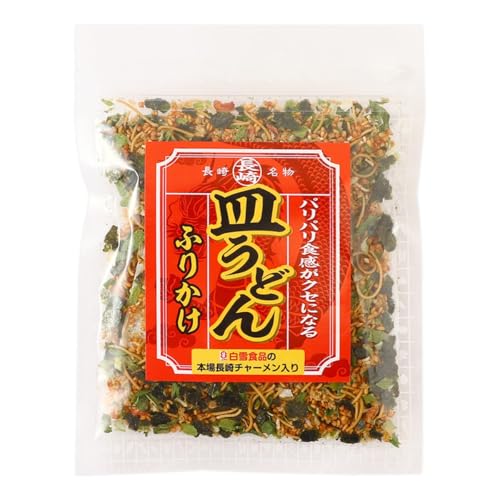 -/1袋/-・Size:1袋・長崎名物の皿うどんの細麺を利用してふりかけを作りました！・原材料:いりごま(国内製造)、パン粉、揚げ麺(小麦粉、植物油脂(パーム、米、ごま)、食塩)、豚骨風味顆粒 (乳糖、チキンエキス、コーンスターチ、食塩、砂糖、香辛料、ポークエキス、ホタテエキス)、でん粉、砂糖、ほうれん草フレーク(乳糖、でん粉、ほうれん草)、食塩、チキンエキス、ねぎ、味付けアミエビ(アミエビ、しょうゆ、砂糖、乳糖、エビエキス)、のり、香辛料、しょうゆ、かつお削節、オイスターエキス、たんぱく加水分解物/調味料(アミノ酸等)、着色料(クチナシ青、紅花黄、紅麹、カラメル、カロテノイド、クチナシ黄)、甘味料(甘草、スクラロース)か んすい、酸化防止剤(V.E)、酸味料、(一部にえび・小麦・乳成分・ごま・大豆・ 鶏肉・豚肉・ゼラチンを含む)・内容量:50g・アレルギー表示:えび、小麦、乳成分、ごま、大豆、 鶏肉、豚肉、ゼラチン商品紹介 長崎名物の皿うどんの細麺を利用してふりかけを作りました。 あのポリポリ感で、ご飯にのせてもよし、サラダのトッピングとしてもご利用いただけます。 過去にも、全国規模のテレビや雑誌の「ふりかけ特集」で取り上げられる程人気のふりかけです。 熱々の白ごはんにかけるのはもちろん、サラダのトッピングや、お茶づけなどにもよく合います。 原材料・成分 いりごま(国内製造)、パン粉、揚げ麺(小麦粉、植物油脂(パーム、米、ごま)、食塩)、豚骨風味顆粒 (乳糖、チキンエキス、コーンスターチ、食塩、砂糖、香辛料、ポークエキス、ホタテエキス)、でん粉、砂糖、ほうれん草フレーク(乳糖、でん粉、ほうれん草)、食塩、チキンエキス、ねぎ、味付けアミエビ(アミエビ、しょうゆ、砂糖、乳糖、エビエキス)、のり、香辛料、しょうゆ、かつお削節、オイスターエキス、たんぱく加水分解物/調味料(アミノ酸等)、着色料(クチナシ青、紅花黄、紅麹、カラメル、カロテノイド、クチナシ黄)、甘味料(甘草、スクラロース)か んすい、酸化防止剤(V.E)、酸味料、(一部にえび・小麦・乳成分・ごま・大豆・ 鶏肉・豚肉・ゼラチンを含む)