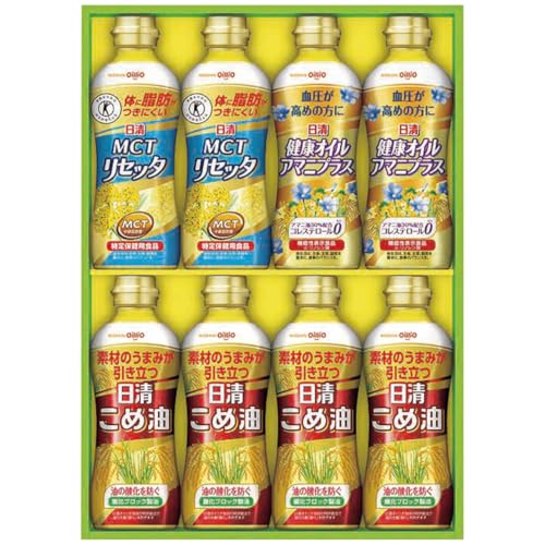 内容:MCTリセッタ・健康オイルアマニプラス各2本・こめ油4本・各350g特定保健用食品「MCTリセッタ」と「こめ油」と「健康オイルアマニプラス」をセットした健康を気遣う方のためのオイルセット。