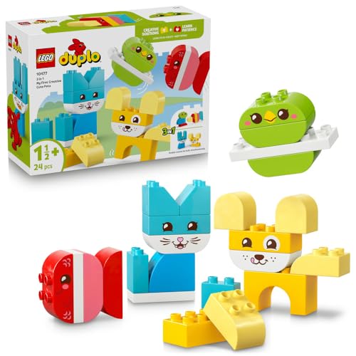 はじめてのデュプロ 3 in 1 ペットをつくろうマルチカラー/-/10477・SetName:はじめてのデュプロ 3 in 1 ペットをつくろう・パッケージ個数:1・幼児向け知育玩具 - 3 in 1 ペットをつくろう（10477）は、カラフルなブロックで創造力豊かに遊びながら色の違いを学べます・組み立てオプション - イヌ、ネコ、ウサギ、ネズミのほか、鳥と魚（各2種）を組み立てられ、新種・珍種も思いのまま・組み立てやすさに配慮 ? 小さいお子さまの手でも扱いやすい大きめブロックは色分けしやすく、顔パーツもどうぶつの特徴がはっきりわかります・知育の遊び - ブロックの色分けや組み合わせを試すうちに粘り強さが身につきます・お子さま向けギフト ? どうぶつに興味を示す1才半以上のお子さまへのお誕生日プレゼントにおすすめです商品紹介 レゴRデュプロR はじめてのデュプロ 3 in 1 ペットをつくろう（10477）は、カラフルなブロックを使って創造力豊かに遊べる組み立てセットです。同じブロックで8種類のどうぶつの組み立てと組み替えを楽しめます。 小さいお子さまの手でも扱いやすい24ピースのブロックからイヌ、ネコ、鳥、ウサギ、ネズミ、魚などを組み立てられます。単色遣いのモデルを組み立てるときは、ブロックを色分けしてボディを組み立て、仕上げにそのどうぶつに合った顔をつけます。 正しいブロックを選んでどうぶつモデルをつくり上げることで集中力や粘り強さが身につく知育玩具です。もちろん、自由な発想で見たこともないどうぶつをつくることもできます。（ピース数：24／対象年齢：1才半以上） 安全警告 警告なし