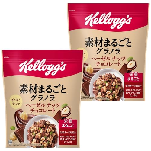 -/370g×2袋/-・Size:370g×2袋・1食分(40g)当たりエネルギー165kcal、たんぱく質3.4g、脂質3.8g、炭水化物30.2g、食塩相当量0.4g、コレステロール0mg、糖質27.9g、食物繊維2.3g、鉄2.1mg、ビタミンB1 0.32mg、ビタミンB2 0.37mg、ビタミンB6 0.35mg、ビタミンD 2.29μg、葉酸61μg商品紹介 香り高いヘーゼルナッツと濃厚な味わいのチョコレートのハーモニーを楽しめる大人のチョコレートグラノラ。 大粒の香ばしいヘーゼルナッツ、チョコレートでコーティングをしたケロッグ自慢のコーンフレーク、味わい深いオーツ麦など、それぞれの素材まるごとのおいしさをお楽しみいただけるグラノラ。 原材料・成分 シリアルフレーク(コーングリッツ、砂糖、ココアパウダー、麦芽エキス、食塩、ぶどう糖果糖液糖、チョコレート(乳成分を含む))(国内製造)、シリアル加工品(全粒オーツ麦、砂糖、植物油脂、シリアルパフ(コーンフラワー、米粉、小麦粉、オーツ粉、砂糖、ココアパウダー、食塩)、全粒小麦、小麦シリアルパフ(小麦粉、米粉、砂糖、麦芽粉)、大麦、水あめ、オーツパフ、ココナッツパウダー、ココアパウダー、麦芽エキス、チョコレート(乳成分を含む)、糖蜜、食塩、蜂蜜、脱脂粉乳(乳成分を含む)、キャラメル)、ヘーゼルナッツ、かぼちゃの種/香料、重曹、酸化防止剤(ビタミンE)、鉄、乳化剤(大豆由来)、ビタミンB2、ビタミンB6、ピロリン酸鉄、ビタミンB1、酸味料、葉酸、スモークフレーバー、ビタミンD