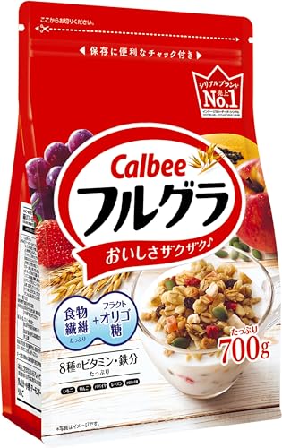 FlavorName:フルグラ 700g・オーツ麦とフルーツを合わせたグラノーラです。商品紹介 オーツ麦とフルーツの食感・彩り・栄養で朝に嬉しいワンボウル！ 原材料・成分 オーツ麦（オーストラリア又はフィンランド又はその他）、ライ麦粉、砂糖、小麦粉、乾燥果実（パパイヤ、レーズン、りんご、いちご）、ココナッツ、デキストリン、植物油、米粉、コーンフラワー、水溶性食物繊維、かぼちゃの種、アーモンドパウダー、食塩、小麦ふすま、玄米粉、フラクトオリゴ糖シロップ、乳糖 / グリセリン、クエン酸鉄Na、酸味料、酸化防止剤（ビタミンE、ビタミンC、ローズマリー抽出物）、加工デンプン、ナイアシン、パントテン酸Ca、ビタミンA、ビタミンB6、ビタミンB1、葉酸、ビタミンD、ビタミンB12