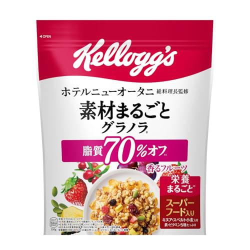 -/350g×6袋/-・Size:350g×6袋・1食分(40g)当たりエネルギー152kcal、たんぱく質2.9g、脂質0.9g、炭水化物34.1g、食塩相当量0.4g、コレステロール0mg、糖質31.9g、食物繊維2.2g、鉄1.8mg、ビタミンB1 0.31mg、ビタミンB2 0.37mg、ビタミンB6 0.34mg、ビタミンD 2.26μg、葉酸 63μg商品紹介 ホテルニューオータニ総料理長監修。脂質を70%カット*1し、一切、味に妥協せず、美味しさを追求したグラノラに、スーパーフードのキヌアとスペルト小麦をプラス。 精製した穀物より多くの栄養を含む全粒大麦を配合し、穀物も具材も可能な限り手を加えず使用。香ばしいグラノラのほのかな甘みとフルーツの華やかな酸味、それぞれの素材まるごとのおいしさを楽しめるグラノラ。 *1 当社素材まるごとグラノラ朝摘みいちごとの比較 原材料・成分 シリアル加工品(全粒大麦、砂糖、全粒小麦、シリアルパフ(コーンフラワー、小麦粉、米粉、砂糖、食塩)、小麦シリアルパフ(小麦粉、米粉、砂糖、麦芽粉)、マルチグレインパフ(小麦粉、米粉、砂糖、コーンフラワー、麦芽粉(小麦を含む)、食塩、植物油脂)、全粒スペルト小麦、水あめ、植物油脂、麦芽エキス、小麦粉、オーツパフ、キヌアパフ、糖蜜、食塩)(ベルギー製造)、シリアルフレーク(コーングリッツ、砂糖、麦芽エキス、食塩、蜂蜜、ぶどう糖果糖液糖)、レーズン加工品(レーズン、植物油脂)、クランベリー加工品(クランベリー、砂糖、植物油脂)、パイナップル加工品(乳糖(乳成分を含む)、濃縮果汁(パイナップル、レモン)、砂糖、植物油脂、麦芽糖、パイナップル、寒天)、かぼちゃの種、イチゴ加工品(イチゴ、植物油脂)/グリセリン、香料、セルロース、加工でん粉、酸味料、乳化剤(大豆を含む)、酸化防止剤(ビタミンE)、重曹、炭酸Ca、鉄、ピロリン酸鉄、ビタミンB2、ビタミンB6、ビタミンB1、葉酸、着色料(クチナシ色素)、ビタミンD
