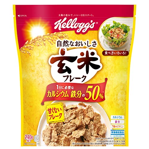 黄/240g×6袋/-・1食分(40g)当たりエネルギー・・・215kcal たんぱく質・・・3.9g 脂質・・・0.8g 炭水化物・・・52.1g ナトリウム・・・0mg 食塩相当量・・・0.6g コレステロール・・・0mg 糖質・・・43.8g 食物繊維・・・8.3g 鉄・・・5.7mg ビタミンA・・・261μg ビタミンB1・・・0.38mg ビタミンB2・・・0.58mg ビタミンC・・・46mg ビタミンD・・・1.4μg ナイアシン・・・7.5mg 機能性関与成分 小麦ブラン由来アラビノキシラン2.1g・色: 黄・パッケージ重量: 1.8 kg・サイズ: 240g×6袋商品紹介 ケロッグの玄米フレークは、栄養価の高い玄米を主原料とした、香ばしい味わいのシリアルです。 1食40gに牛乳を200gかければ、カルシウムと鉄分の1日に必要な量の約50%摂ることができます。 甘くないフレークなので、サラダのトッピングや揚げ物の衣の代用など、幅広いアレンジをお楽しみいただけます。 栄養機能食品(ビタミンE) 原材料・成分 精米(アメリカ、タイ)、全粒小麦、砂糖、小麦ブラン、ぶどう糖果糖液糖、水溶性食物繊維、麦芽エキス、食塩、糖蜜/ビタミンC、鉄、ナイアシン、ビタミンB2、ビタミンB1、ビタミンA、ビタミンD