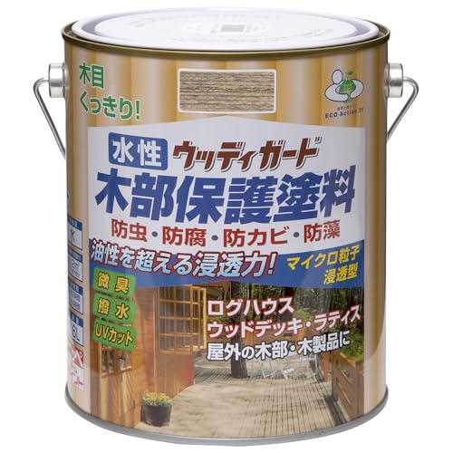 シルバーグレー/1.6L/-・Size:1.6LColor:シルバーグレー・パッケージ個数:1・容量:1.6L・カラー:シルバーグレー・塗り面積（2回塗り）:約12平方メートル（タタミ約7枚分）・乾燥時間:夏（30℃）約2時間、冬（10℃）約4時間・うすめ方:塗料の粘度が高く塗りにくい時は、水で少しうすめてください。 （5%が目安です）マイクロ粒子浸透型の新しい微臭の水性木部保護塗料です。 木材の防虫・防腐・防かび・防藻効果に優れ、木材に浸透して内部から木の腐食を防ぎます。 耐候性に優れたマイクロ粒子浸透型顔料の採用で、木目がよりくっきりキレイな仕上がりになります。 日光による木の焼けを防ぐために、紫外線吸収剤を配合し色アセ・劣化を防止します。(UVカット) 自然にやさしい蜜蝋成分を配合し、はっ水効果があります。