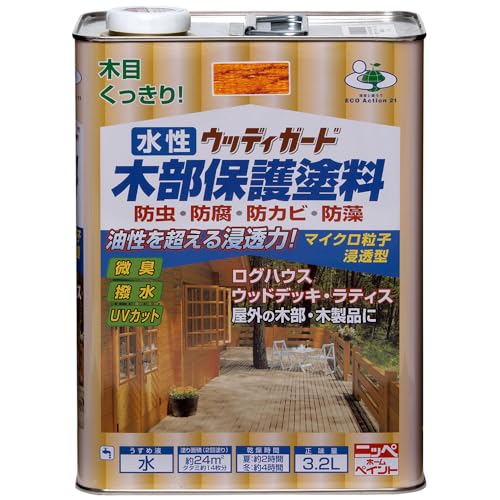 けやき/3.2L/4976124532368・Size:3.2LColor:けやき・パッケージ個数:1・色:けやき・容量:3.2L・塗り面積(2回塗り):約約24(タタミ約14枚分)・乾燥時間:夏約2時間、冬約4時間、※塗り重ねるときは1回目がよく乾いてから2回目を塗ることマイクロ粒子浸透型の新しい微臭の水性木部保護塗料です。 木材の防虫・防腐・防かび・防藻効果に優れ、木材に浸透して内部から木の腐食を防ぎます。 耐候性に優れたマイクロ粒子浸透型顔料の採用で、木目がよりくっきりキレイな仕上がりになります。 日光による木の焼けを防ぐために、紫外線吸収剤を配合し色アセ・劣化を防止します。(UVカット) 自然にやさしい蜜蝋成分を配合し、はっ水効果があります。