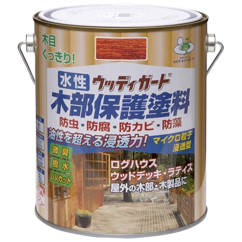 マホガニ/1.6L/-・Size:1.6LColor:マホガニ・パッケージ個数:1・容量:1.6L・カラー:マホガニ・塗り面積（2回塗り）:約12平方メートル（タタミ約7枚分）・乾燥時間:夏（30℃）約2時間、冬（10℃）約4時間・うすめ方:塗料の粘度が高く塗りにくい時は、水で少しうすめてください。 （5%が目安です）マイクロ粒子浸透型の新しい微臭の水性木部保護塗料です。 木材の防虫・防腐・防かび・防藻効果に優れ、木材に浸透して内部から木の腐食を防ぎます。 耐候性に優れたマイクロ粒子浸透型顔料の採用で、木目がよりくっきりキレイな仕上がりになります。 日光による木の焼けを防ぐために、紫外線吸収剤を配合し色アセ・劣化を防止します。(UVカット) 自然にやさしい蜜蝋成分を配合し、はっ水効果があります。