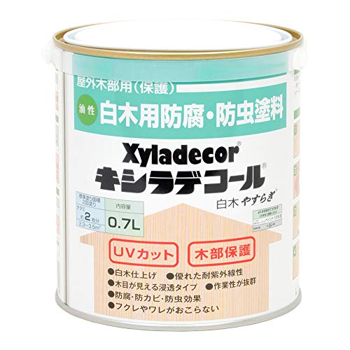 キシラデコール乳白色/0.7L/-・Color:乳白色Size:0.7LStyle:キシラデコール・パッケージ個数:1・【乾燥・塗重時間】 【20℃】乾燥時間:約 24 時間 塗重時間: 2~6時間 【塗り面積(2回塗)】 [0.7L]平方メートル:約 2.3 ~ 3.5 m2 タタミの広さ:約 2 枚分 [1.6L]平方メートル:約 5.3 ~ 8 m2 タタミの広さ:約 5 枚分 [3.4L]平方メートル:約 11.2 ~ 17 m2 タタミの広さ:約 10 枚分 [7L]平方メートル:約 23 ~ 35 m2 タタミの広さ:約 21 枚分 [14L]平方メートル:約 46 ~ 70 m2 タタミの広さ:約 42 枚分・【特長】 ■[トップブランド]発売以来45年以上の実績を持つトップブランドの木材保護塗料。 ■[多くの採用実績]重要文化財や公共施設などの多くの採用実績が、高い品質を証明しています。 ■[長持ちする色合い]日光や雨風に強い耐候性顔料の効果で、鮮明な色が長持ち。長期間木材を保護します。 ■[色々なダメージからガード! ]木材の内部に浸透。内側から防腐・【特長】 ■[トップブランド]発売以来45年以上の実績を持つトップブランドの木材保護塗料。 ■[多くの採用実績]重要文化財や公共施設などの多くの採用実績が、高い品質を証明しています。 ■[長持ちする色合い]日光や雨風に強い耐候性顔料の効果で、鮮明な色が長持ち。長期間木材を保護します。 ■[色々なダメージからガード! ]木材の内部に浸透。内側から防腐・防虫・防カビ効果を発揮します。 ■[膨れや割れが起きない! ]表面に余分な塗膜を作らないので、木の通気性・呼吸が保てます。その為、塗膜の膨れ、割れが起りません。 ■[安全性は確認済]外部機関の各試験で安全性を確認しています。 ■[優れた耐久と着色力]木材に深く浸透し、優れた耐久性と着色力を発揮します。 【用途】 ※表記以外の用途には使用しないでください。 ※屋外の木部専用塗料です。 ■[ガーデニング / 木製品]ラティス /プランター / トレリス / ガーデングッズ / ベンチ / フェンス / 遊具 / ウッドデッキ / パーゴラ / 羽目板 / 窓枠 / 戸袋 / 板塀 / ログハウス 【塗れないもの・注意事項】 ■[吸い込まない素材]ワックスが塗られている素材 / 塗料が塗られている素材 / 吸い込みのない化粧合板 など ■[常に水がかかる所]常に水がかかる所には塗れません。 ■[食と関わる場所]食品と接触する所 / 食器が置かれる所 ■[室内・密閉性がある場所]木製の鳥籠 / 犬小屋 / 温室の内部の木材 / 脱衣所の木材 ■[火気のある場所]火気のあるところでは塗らないで下さい。 ■[動植物などにご注意]塗料が庭木・草花など植物にかからないようにして下さい。また、金魚や魚類がいる池などに塗料が入らないように注意して下さい。 ■[使用できない場所]下水、河川、池、湖沼、海、井戸水、地下水などを汚染させるおそれのある場所で使用しないでください。 【乾燥・塗重時間】 【20℃】乾燥時間:約 24 時間 塗重時間: 2~6時間 【塗り面積(2回塗)】 [0.7L]平方メートル:約 2.3 ~ 3.5 m2 タタミの広さ:約 2 枚分 [1.6L]平方メートル:約 5.3 ~ 8 m2 タタミの広さ:約 5 枚分 [3.4L]平方メートル:約 11.2 ~ 17 m2 タタミの広さ:約 10 枚分 [7L]平方メートル:約 23 ~ 35 m2 タタミの広さ:約 21 枚分 [14L]平方メートル:約 46 ~ 70 m2 タタミの広さ:約 42 枚分 【塗装時の注意】 ※取扱いの際は、商品記載の注意事項等をよく読んでからご使用ください。 ■下地の色や吸い込みの度合いによって仕上がり感や色、乾燥性が左右されますので、目立たない ところで試し塗りし、色・浸透性・下地への影響等を確認して下さい。 ■塗り面積・乾燥時間・着色力・色合いなどは、素材や塗り方、気象条件などで多少異なります。 ■容器の色表示は印刷のため、中身の色と多少異なることがあります。 ■防虫の対象はヒラタキクイムシなどの木材害虫です。シロアリ、アリ、ハチなどは対象外です。 ■立地条件や周辺環境、建物の構造などにより、早期に塗装面の脱色、変色ならびにカビ、木材腐朽菌などによる汚染、加害を生じる場合があります。 ■キシラデコールカラレス(#101)は、有色キシラデコールの下塗り剤として設計されており、防腐、防カビ、防虫成分は含まれていますが、紫外線をカットする顔料が含まれておらず、日焼けや変色を防止できないため、クリヤーとしての単独使用はお避けください。 ■南洋系硬質材などへの塗装は浸透しにくく、乾燥遅延が起こる可能性がありますのでご注意ください。必ず試し塗りを行い、確認をしてから塗装してください。乾燥が著しく遅い場合は、塗装をお控えください。 〈南洋系硬質材の例〉イベ、チーク、ジャラ、アゾベ(ボンゴシ)、アサメン、セランガンバツ、ウリン(ベリアン)、マサランデゥーバなど ■針葉樹(マツ、スギなど)は、吸い込みムラの出やすい木材のため、着色ムラおよび塗り継ぎムラがでやすくなります。無色のキシラデコールカラレス(#101)を下塗りしてから有色のキシラデコールを2回塗装することをおすすめします。 ■海辺、高原など特に赤外線の強いところでは有色3回塗りをおすすめします。 ■ベンチ、ベランダ、バルコニーなどの手を触れたりする平面部分は摩擦による色落ちがはやいため、塗り重ねをこまめに行ってください。 ■衣服を汚すおそれのある部位への塗装は、乾燥後、ウエスなどで乾拭きしてください。 ■下地の色により仕上がりが異なることがありますので、試し塗りをおすすめします。 ■塩ビ製品(水道管など)、発泡スチロール(断熱材)にかからないように注意してください。 ■他の塗料、溶剤などと混合しないでください。 【うすめ液・用具の洗浄】 ペイントうすめ液 (薄めずそのままご使用ください)