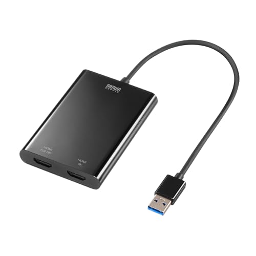 2画面・4K+フルHD対応ブラック/-/USB-CVU3HD5・パッケージ個数:1・USB AポートからHDMI端子による映像出力×2ポートに変換でき、パソコンのUSBポートから最大2台のモニターに映像出力ができます。・1画面出力時は最大4K解像度（3840×2160/30Hz）出力に対応しており、4K対応の大画面テレビやプロジェクターなどで高精細な4K解像度をそのまま出力することができます。2画面出力時は最大4K＋最大フルHD解像度の映像出力に対応します。・1台のパソコンに対して最大6画面まで映像出力が可能です。（Macは最大4画面まで）本製品を複数使用することでノートパソコンの画面を含め最大7画面をマルチディスプレイ化することができます。※フルHD解像度以下の場合に限ります。・ドライバをインストールするだけで、簡単に使用できます。・USBケーブルを別途用意する必要がないケーブル一体型です。●USB AポートからHDMI端子による映像出力×2ポートに変換でき、パソコンのUSBポートから最大2台のモニターに映像出力ができます。 ●1画面出力時は最大4K解像度（3840×2160/30Hz）出力に対応しており、4K対応の大画面テレビやプロジェクターなどで高精細な4K解像度をそのまま出力することができます。2画面出力時は最大4K＋最大フルHD解像度の映像出力に対応します。 ●1台のパソコンに対して最大6画面まで映像出力が可能です。（Macは最大4画面まで） 本製品を複数使用することでノートパソコンの画面を含め最大7画面をマルチディスプレイ化することができます。 ※フルHD解像度以下の場合に限ります。 ●ドライバをインストールするだけで、簡単に使用できます。 ●USBケーブルを別途用意する必要がないケーブル一体型です。 ＜USBハブ＞ ■インターフェース規格：USB仕様 Ver3.2 Gen1（USB3.1/3.0）準拠（USB Ver2.0/1.1上位互換） ■コネクタ形状： PC接続側/USB Type-A アップストリーム/USB3.2 Gen1（3.1/3.0）Aコネクタ オス ■電源：バスパワー ■変換先コネクタ：HDMI ＜映像出力ポート＞ ■ポート形状：HDMIタイプA（19pin）メス×2 ■対応解像度： 最大3840×2160（4K/30Hz） 最大1920×1080（フルHD/60Hz） ■最大対応解像度：4K/30Hz ■デュアルディスプレイ出力：対応 ■接続可能台数：2台 ■最大接続可能台数：Windows/6台、Mac/4台 ※複数使用することで最大6画面まで映像出力できます。（Macは最大4画面まで） ※USBハブを使用する場合は必ずセルフパワーのUSBハブを使用して接続してください。 ※ご使用のパソコンや接続環境により記載の最大接続台数、最大対応解像度まで映像出力できない場合があります。 ＜共通仕様＞ ■消費電流（最大）：520mA ■動作温度：0℃〜40℃ ■保管温度：-10℃〜60℃ ■動作湿度：5〜80％（結露なきこと） ■保管湿度：5〜80％（結露なきこと） ■セット内容：本体、取扱説明書 ■ケーブル長：0.2m ■サイズ：W62×D14×H90mm ■重量：84g