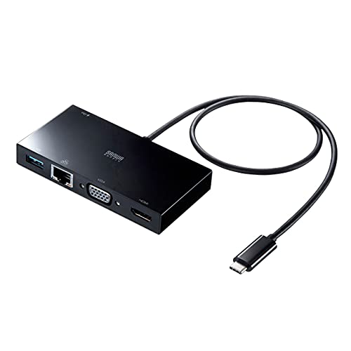 LAN+HDMI+VGAブラック/-/USB-3TCH30BK・Style:LAN+HDMI+VGA・パッケージ個数:1・ケーブル長が50cmと長めで、ディスプレイケーブルなどが短くても余裕をもって配線できます。・面ファスナー付きで机などに固定することができ、ケーブルの反発で本体が浮くのを防止します。・Type-Cコネクタ搭載で、Type-Cポートを搭載したパソコンなどで使用できます。・USB Type-CポートをLANポートに変換するアダプタを内蔵しています。・USBをLANポートに変換するので有線でLANを接続したいときに最適です。