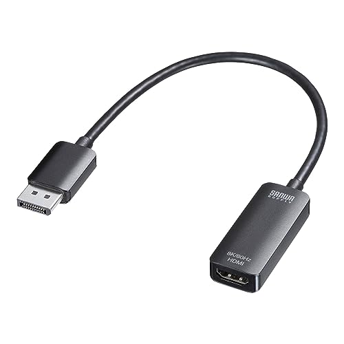 ブラック/-/AD-DP8KHDR・パッケージ個数:1・DisplayPortコネクタ（メス）をHDMIポート（メス）に変換するケーブル一体型の変換アダプタです。※ディスプレイ側のDisplayPortをHDMIポートに変換することはできません。・最大8K/60Hz、4K/120Hz解像度に対応しており、美しく高精細なHDMI信号を出力できます。・映像信号だけでなく音声信号も変換出力することができます。・ショートケーブル一体型なので取り回しがしやすく、他のインターフェースと干渉することなく接続できます。・ケーブル部は「アルミシールド（ツイストペアケーブル）→アルミシールド→高密度編組シールド」と3重のシールド処理を施し、ノイズ干渉を防ぎます。●DisplayPortコネクタ（メス）をHDMIポート（メス）に変換するケーブル一体型の変換アダプタです。 ※ディスプレイ側のDisplayPortをHDMIポートに変換することはできません。 ●最大8K/60Hz、4K/120Hz解像度に対応しており、美しく高精細なHDMI信号を出力できます。 ●映像信号だけでなく音声信号も変換出力することができます。 ●ショートケーブル一体型なので取り回しがしやすく、他のインターフェースと干渉することなく接続できます。 ●ケーブル部は「アルミシールド（ツイストペアケーブル）→アルミシールド→高密度編組シールド」と3重のシールド処理を施し、ノイズ干渉を防ぎます。 ●錆にも強く、経年変化による信号劣化の少ない金メッキピンを使用しています。 ≪ご注意≫ ※接続する機器のDisplayPort端子からの電力で動作します。電力供給が安定しない機器の場合動作しないまたは、動作が不安定になる場合があります。 ※環境、機器により、正常に動作しない場合があります。 ※すべての機器での動作をするものではありません。 ※HDMIケーブルは付属していません。 ※HDMI出力のパソコン、AV機器からDisplayPortへの入力を持つディスプレイやテレビへの接続はできません。 ＜映像入力ポート＞ ■ポート形状：DisplayPortオス ＜映像出力ポート＞ ■ポート形状：HDMIタイプA（19pin） メス ■対応解像度：主な対応解像度/7680×4320（60Hz、4:4:4） 3840×2160（120Hz、4:4:4） 3840×2160（60Hz、4:4:4） 1920×1080p ※パソコン、プロジェクターやディスプレイ、接続ケーブルなどが同じ解像度に対応している必要があります。 ■最大対応解像度：8K/60Hz ■HDR：対応 ■HDCP：HDCP1.4、HDCP2.2、HDCP2.3 ＜映像規格＞ ■DisplayPort規格：Ver1.4 ■HDMI規格：HDMI2.1 ＜共通仕様＞ ■ケーブル長：0.2m ■ケーブル径：4.9mm ■サイズ：W53.5×D22×H11mm ■重量：約32g ■シールド方法：3重シールド（ケーブル部）