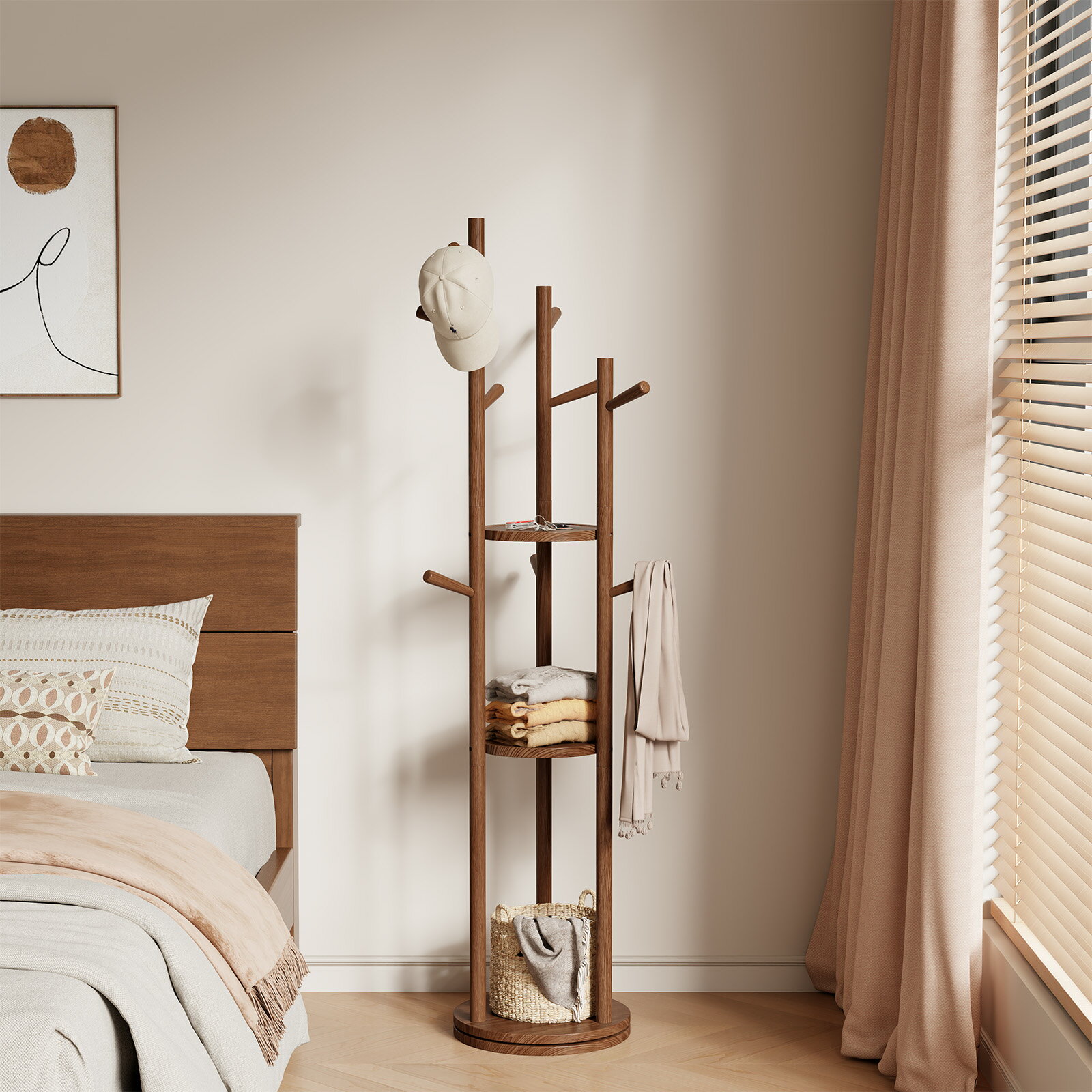 Rakuten - 【送料無料】 Mangowood 木製 コートハンガー 回転式 3段棚付き 高さ168cm ZHYJ001