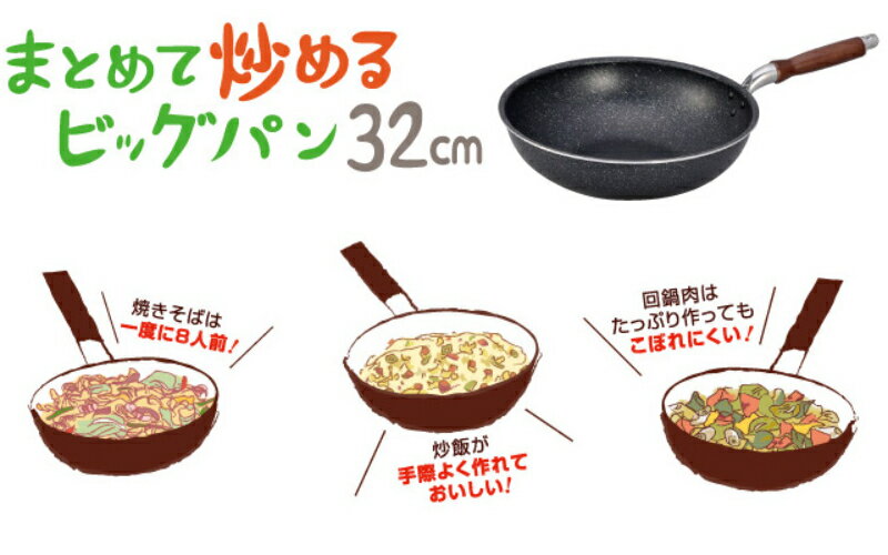 まとめて焼ける・炒めるビッグパン IH対応 いため鍋32cm【送料無料】【BIGサイズ　big　大容量　大型　大家族　時短調理　大量　マーブルコート加工　ガス火　直火　ガス代　電気代　節約　節電　でかい　大きい　大量に調理　省エネ　便利　軽量　軽い　使いやすい】 2