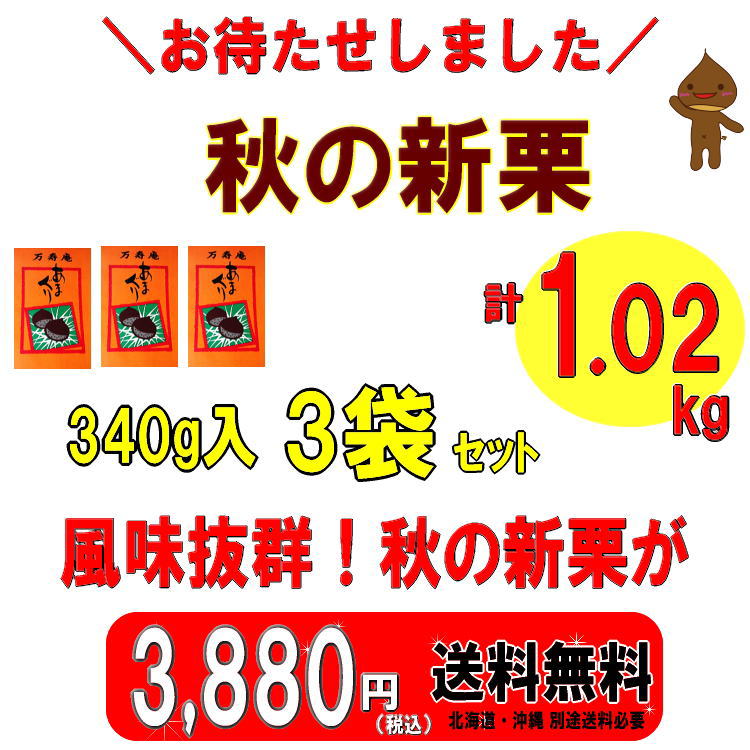 送料無料 甘栗 栗 スイーツ あまぐり くり バレンタイン チョコ以外 人気 お取り寄せ ギフト プレゼント 老舗 菓子 御祝 熨斗 のし 創業93年万寿庵 天津甘栗 焼き栗 340g 3袋（1.02kg) くりわり君 くりわり格安通販　バレンタイン　人気　ランキング