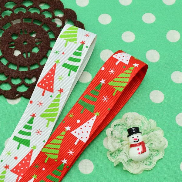 25mm　プリントリボン　雪と3色のもみの木のリボン　2m　Xmas　［在庫限り］