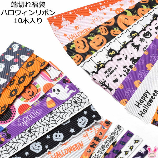 [HE85]　＊ハロウィン＊　端切れ福袋　10本入り　全2サイズ　（約13cmカットリボン　5種類×2本）