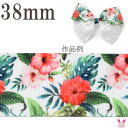 38mm プリントリボン 南国ハイビスカス柄ホワイトリボン 2m