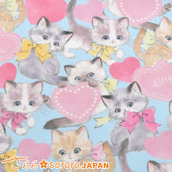 [CE2]　ピンクのハートとねこ　Cブルー系　10cm単位　切り売り　511290　さらら　シーチング生地