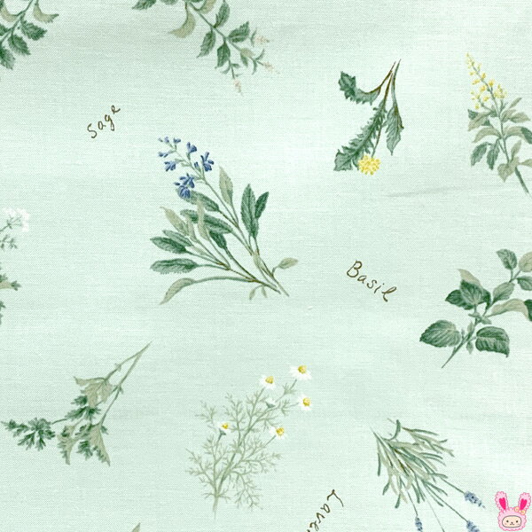 YUWA有輪商店　ハーブと花　Bグリーン系　シャーティング生地　829667　（54）　(50cm以上10cm単位切り..