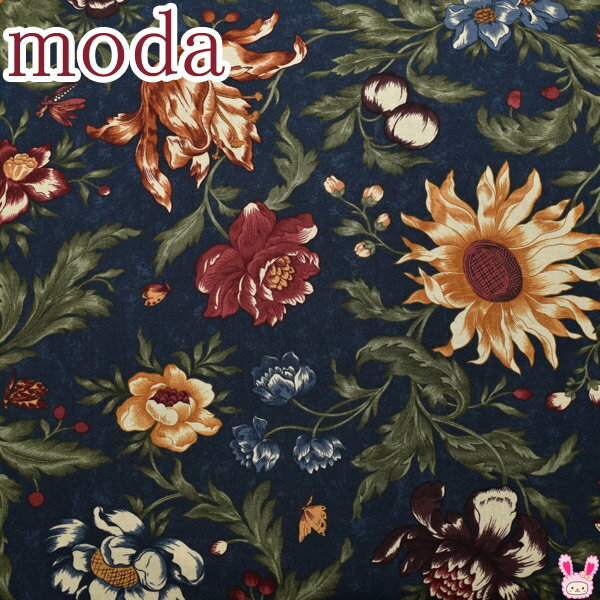 Rakuten - Moda　シャビーシックなフラワー　14ネイビー系　10cm単位　切り売り　モダ　9700　シーチング生地　(99)　［在庫限り］［特別価格］