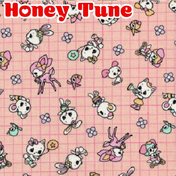 [AE7]　 アニマルとレトロチェック　Bピンク系　10cm単位　切り売り　Honey Tune 　HT30001-3　 ハニーチューン　シーチング生地　(217)のサムネイル