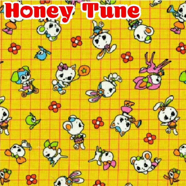[AE7]　 アニマルとレトロチェック　Cイエロー系　10cm単位　切り売り　Honey Tune 　HT30001-3　 ハニーチューン　シーチング生地　(228)のサムネイル