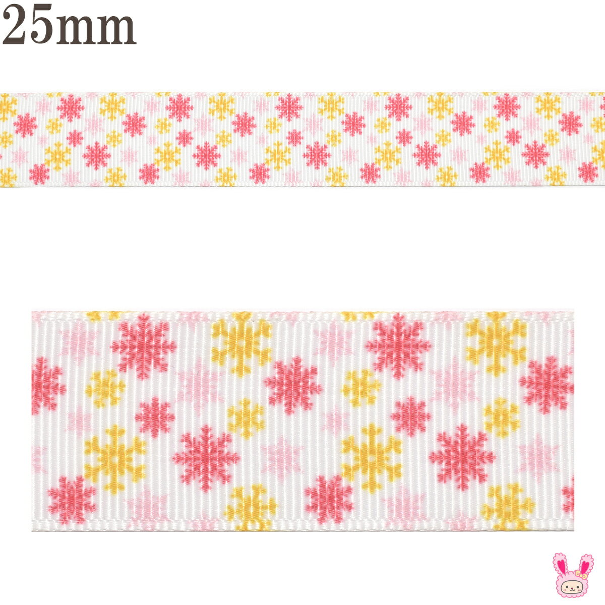 プリントリボン　ピンクと黄色の雪の結晶リボン　幅25mm　1m単位　切り売り　(3m以上)