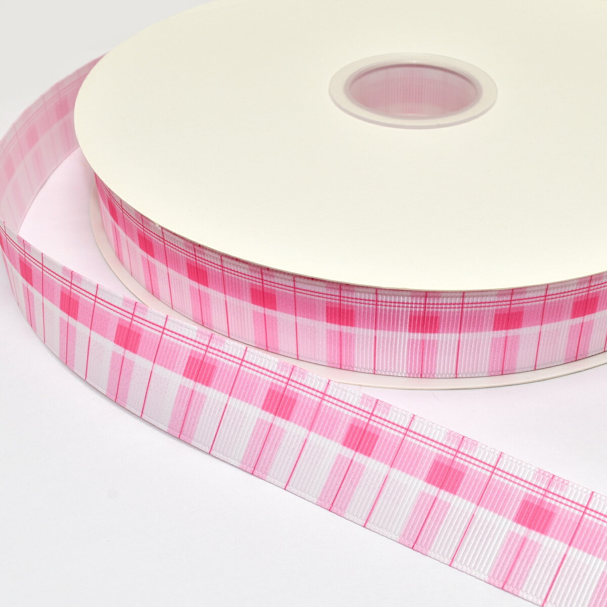 プリントリボン　ピンクのシャープチェックリボン　幅25mm　1m単位　切り売り　(3m以上)