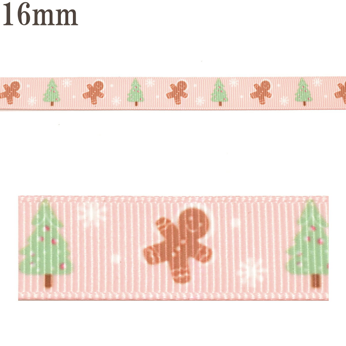 プリントリボン　クリスマス　ツリーとクッキーと雪のピンクリボン　幅16mm　1m単位　切り売り　(4m以上)