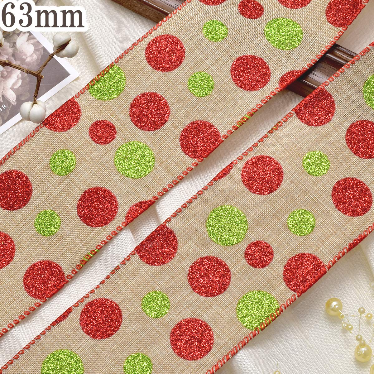 キラキララメの水玉リネン風リボン　幅63mm　1m単位　切り売り　(2m以上)