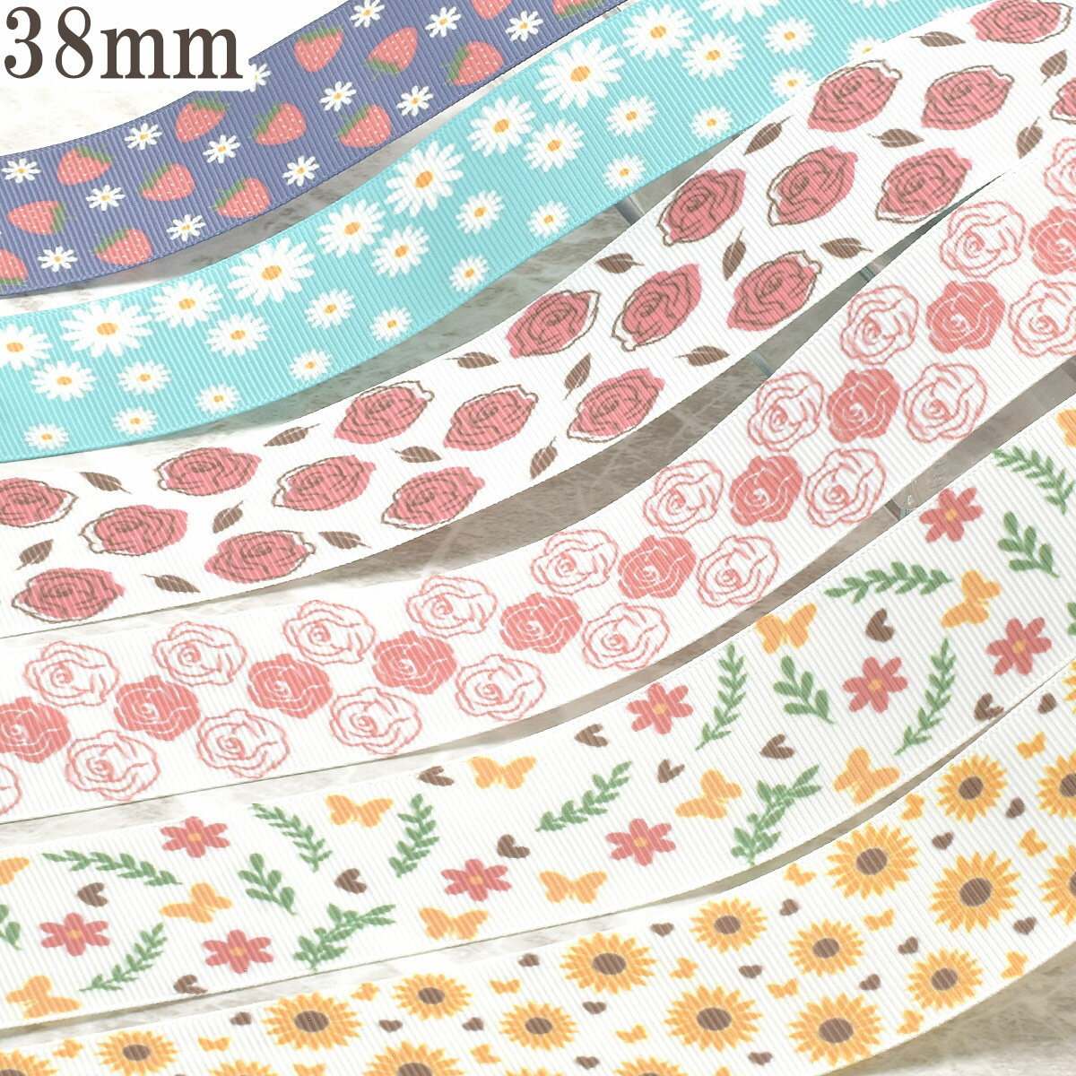 Rakuten - プリントリボンアソートセット　自然系2　幅38mm　約1m×6本