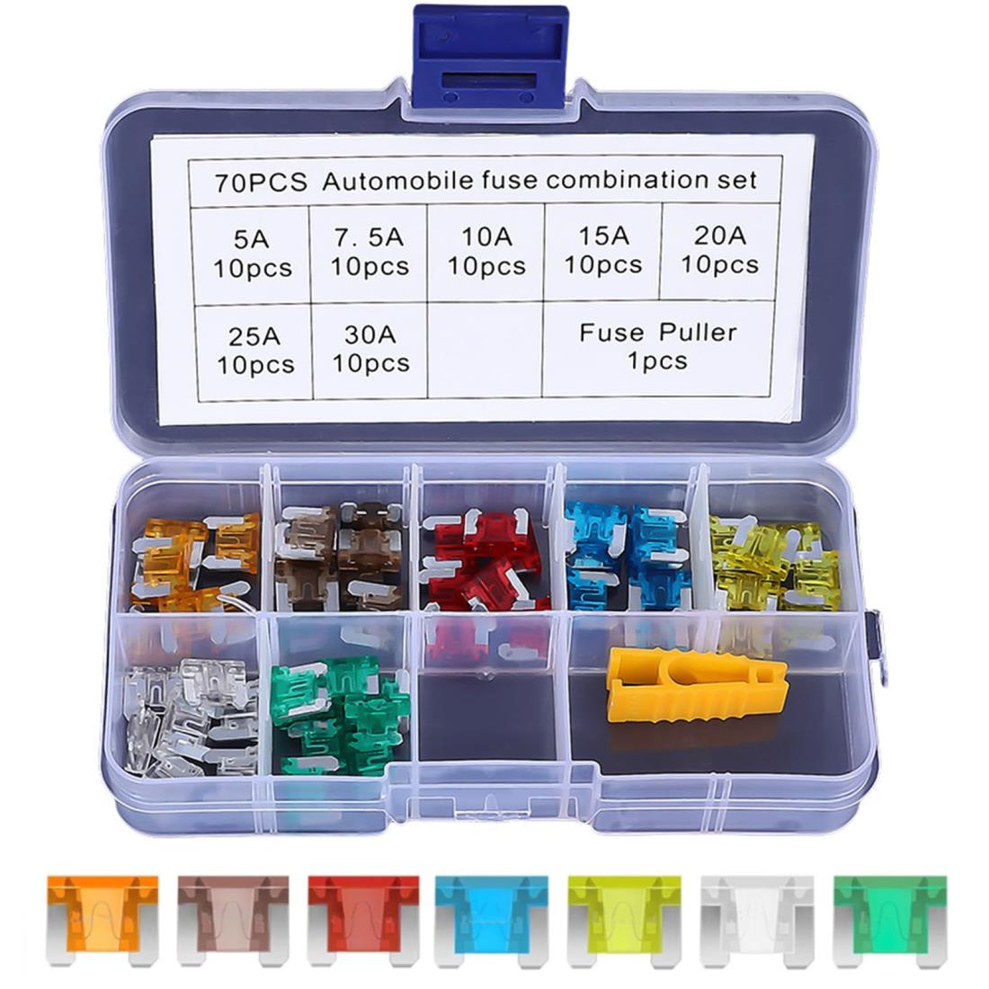低背ヒューズ 70個入り 5A 7.5A 10A 15A 20A 25A 30A 車ブレードヒューズ 車/トラック/オートバイ用 電装必需品 ヒューズ脱着工具付き
