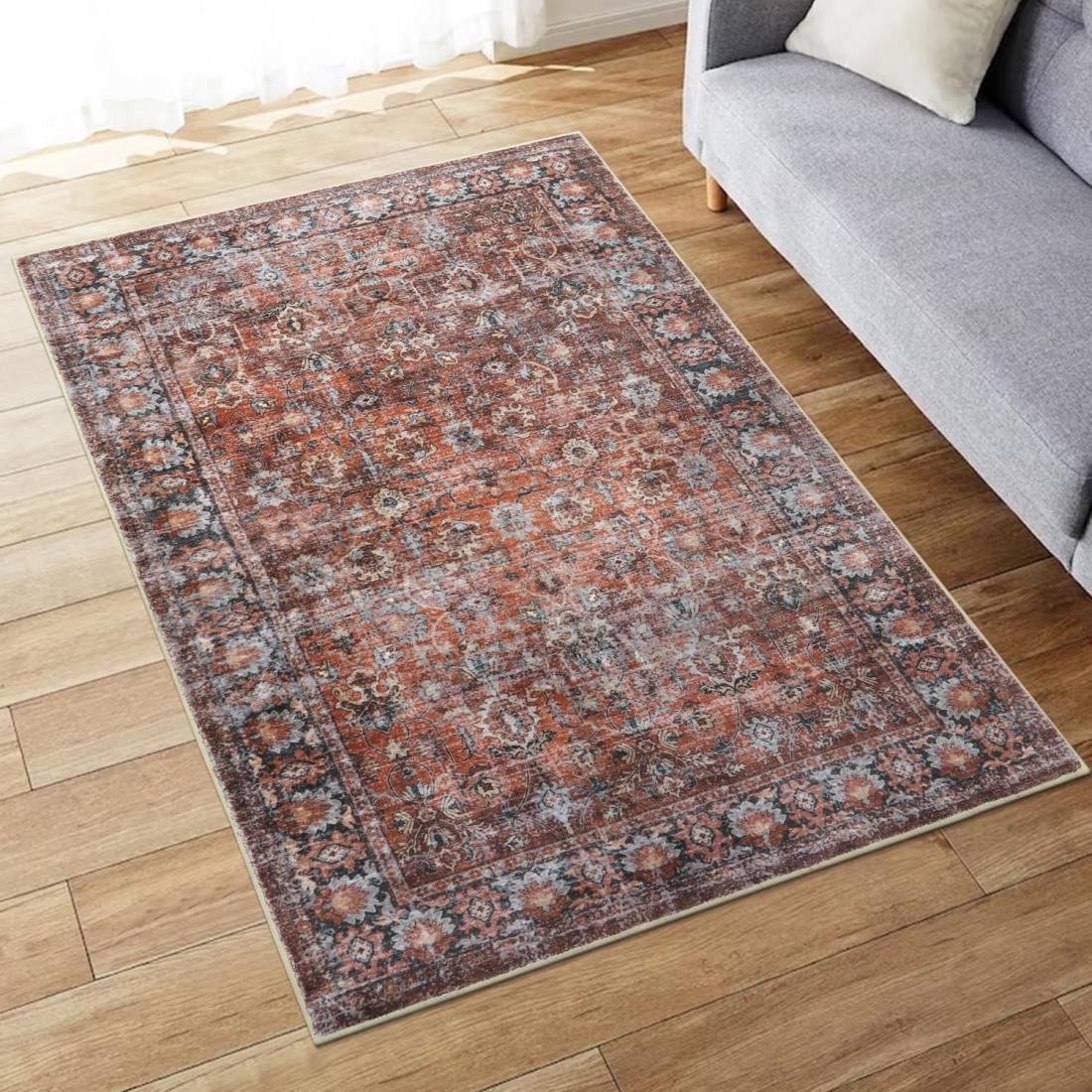 HAOCOO ラグ 洗える 90×150cm ホットカーペット対応 ペルシャ風 ラグマット 1畳 ふわふわ おしゃれ ホットカーペット対応 滑り止め 防ダニ 防臭 軽量 防音マット 室内用 チェアマット ダイニングマット アンティーク 花柄