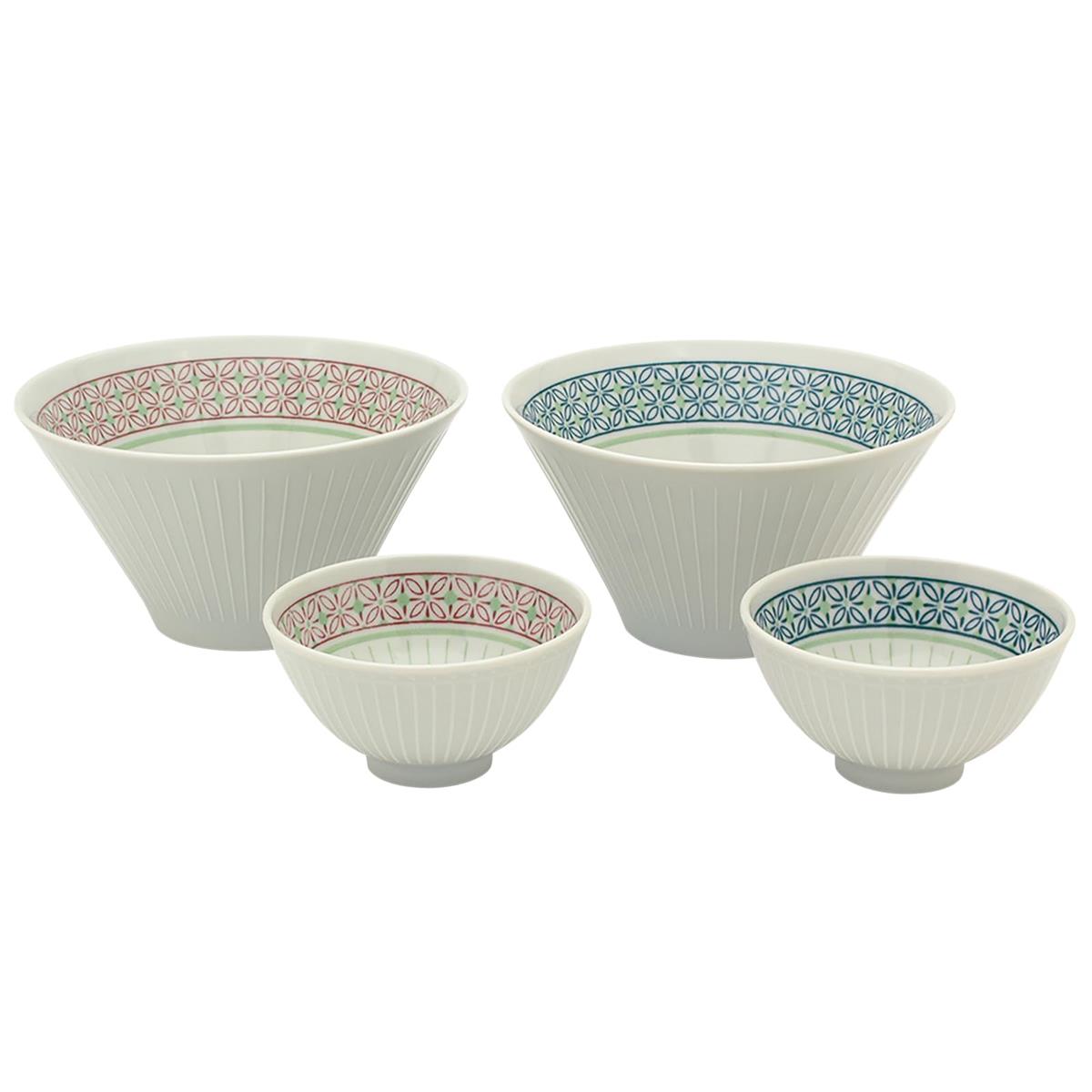 美濃焼 サラダボウル 約19cm 茶碗 約12cm ペア 4点セット 電子レンジ 食洗機対応 とくさ七宝文 赤 青 ..