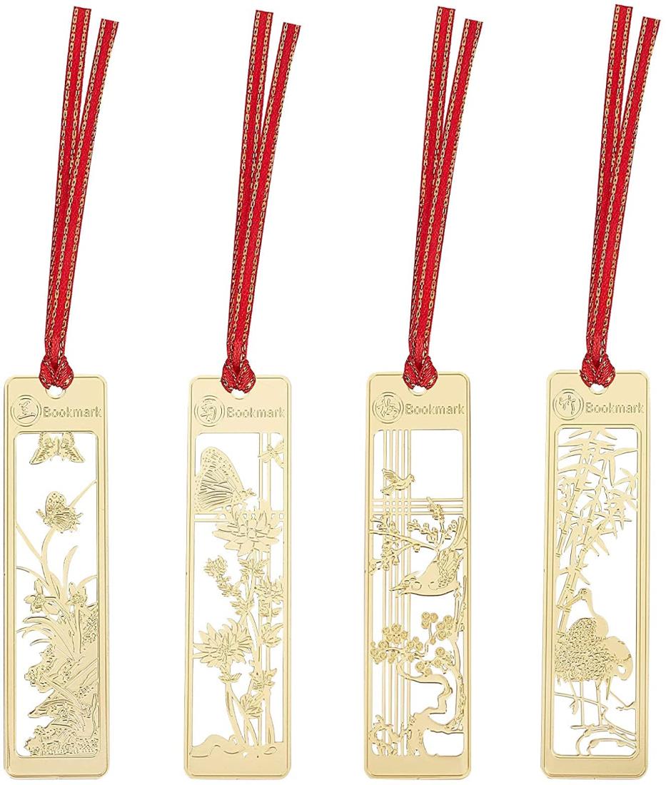 IQ LIFE しおり 【4枚セット】伝統古風シリーズ(梅・竹・蘭・菊) ステンレス製ブックマーク しおり