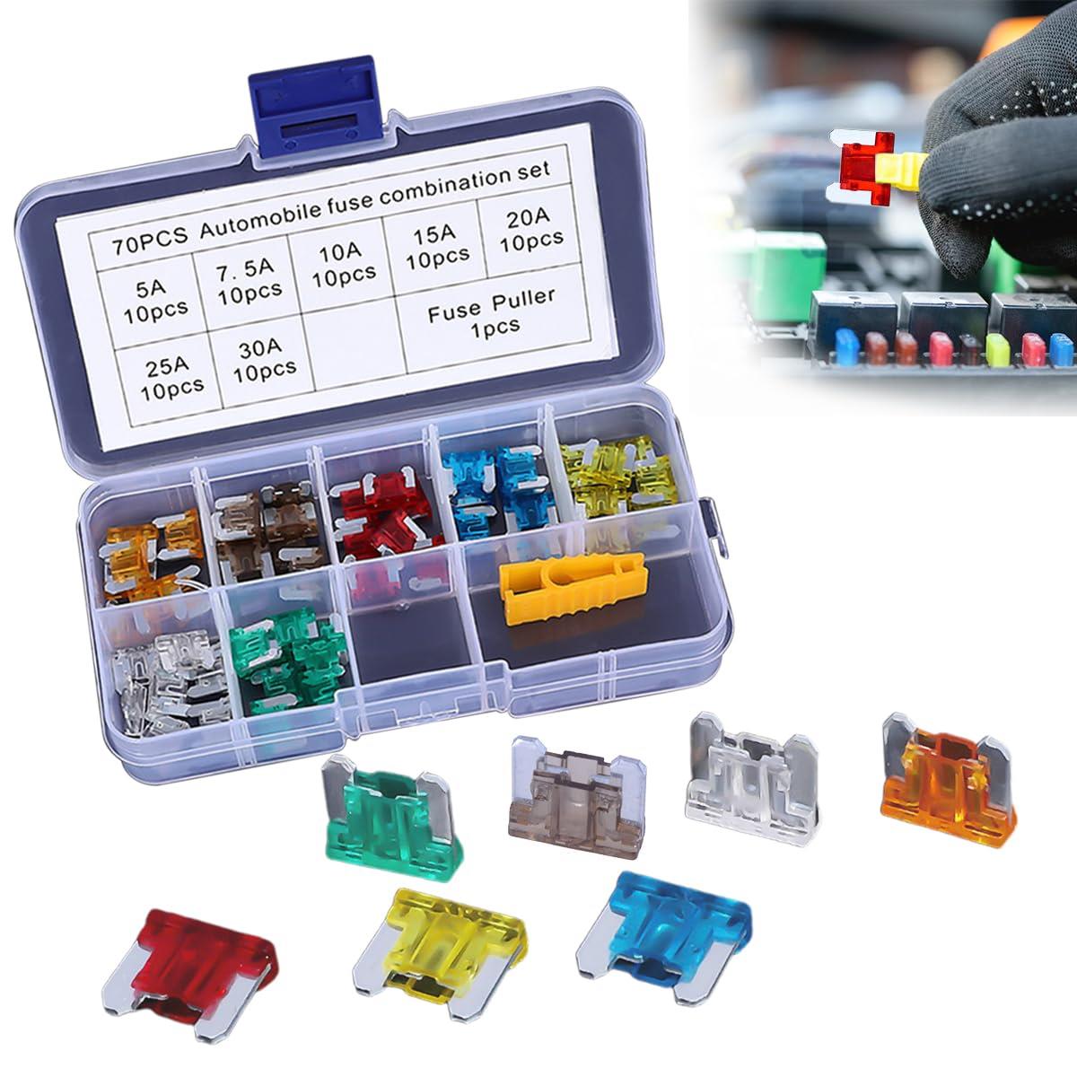 UrbanPulse 低背ヒューズ 車ブレードヒューズ 5A 7.5A 10A 15A 20A 25A 30A 低背 ヒューズセット 小型平型ヒューズ 電源取り出し ヒューズ脱着工具付き 電装必需品 車 トラック オートバイ用 （70個入り）